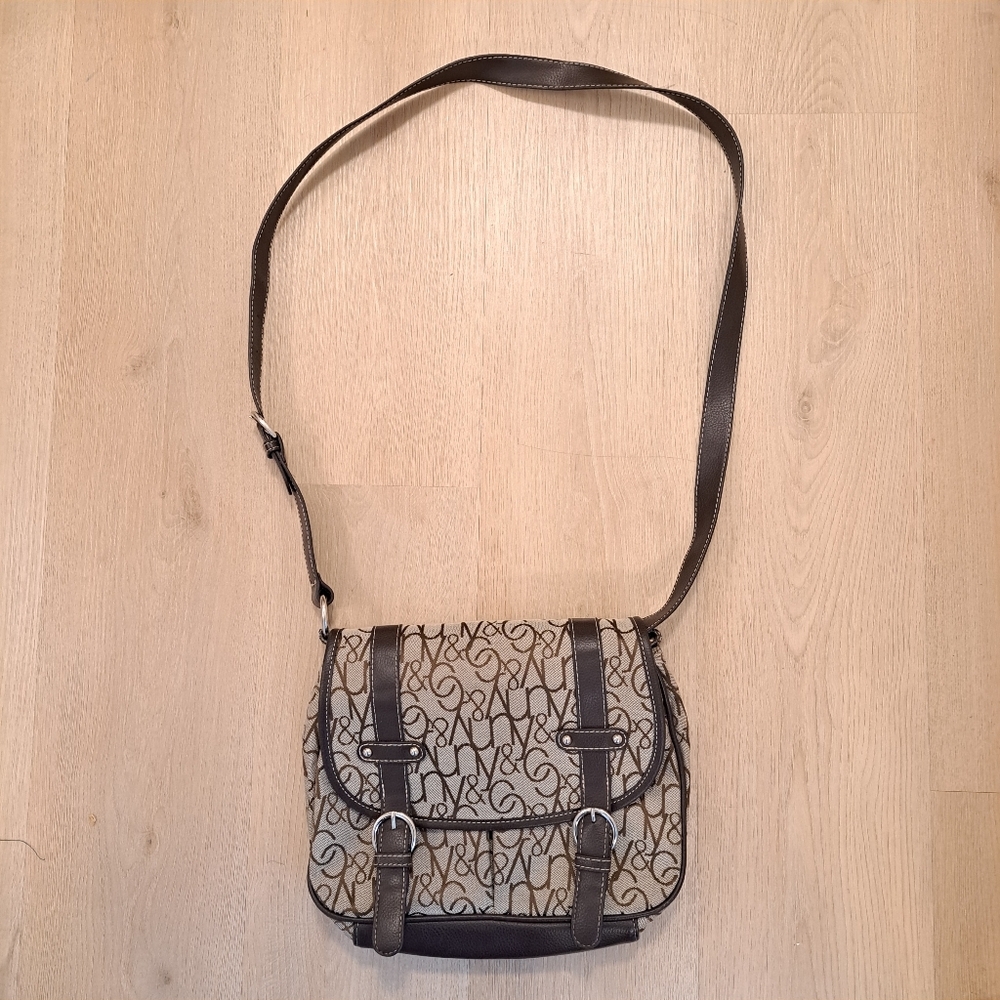 New York & Co. Brown Long Adjustable Strap‎ Logo Printed Medium Saddle Bag Purse